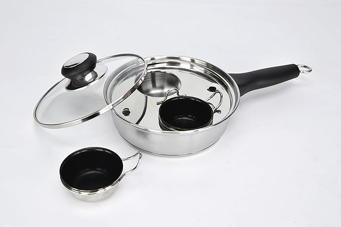 2 Cups Egg Poacher Pan - Stainless Steel Poached Egg Cooker – Perfect Poached Egg Maker – Induction Cooktop Egg Poachers Cookware Set with 2 Nonstick Large PFOA FREE Egg Poacher Cups…