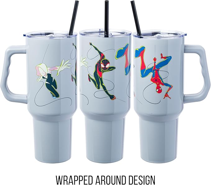 Silver Buffalo Marvel Spiderman Stainless Steel Tumbler with Handle Featuring Spider-Gwen, Miles Morales, and Spiderman, Fits In Standard Cup Holder, 40 Ounces