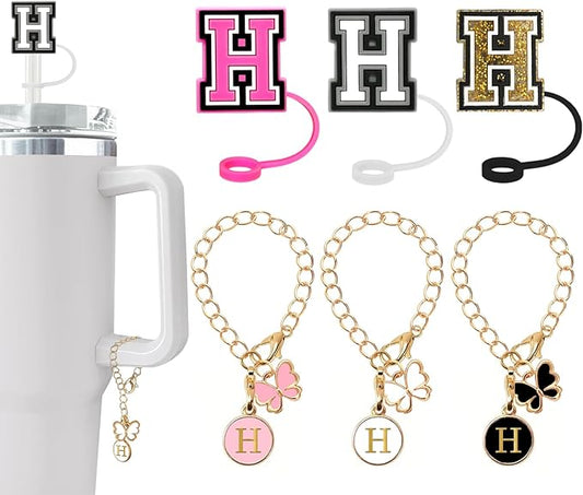 （3 +3) Nuozme Straw Cover Compatible with Stanley Tumbler Cup 3PCS Letter Straw Caps Toppers with 3 Initial Butterfly Charms Name ID For Stanley 30&40 Oz Cup