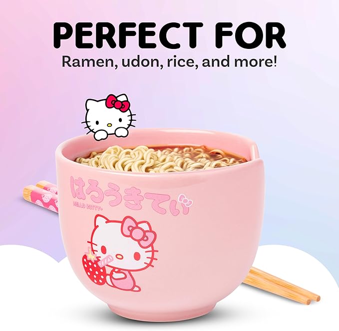 Silver Buffalo Sanrio Hello Kitty Strawberry Milk Japanese Character Ceramic Ramen Noodle Rice Bowl with Chopsticks, Microwave Safe, Pink, 20 Ounces
