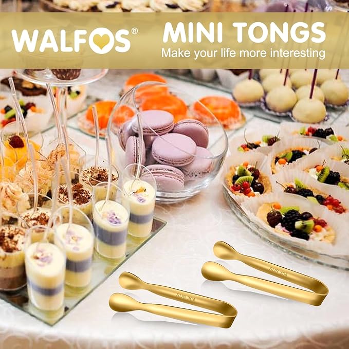 Walfos Small Gold Tongs For Serving,Food Grade Stainless Steel 4" Mini Tongs Appetizers for Parties Catering, Sugar，Desserts，Tea Party, Coffee Bar, Set of 12 （Gold）