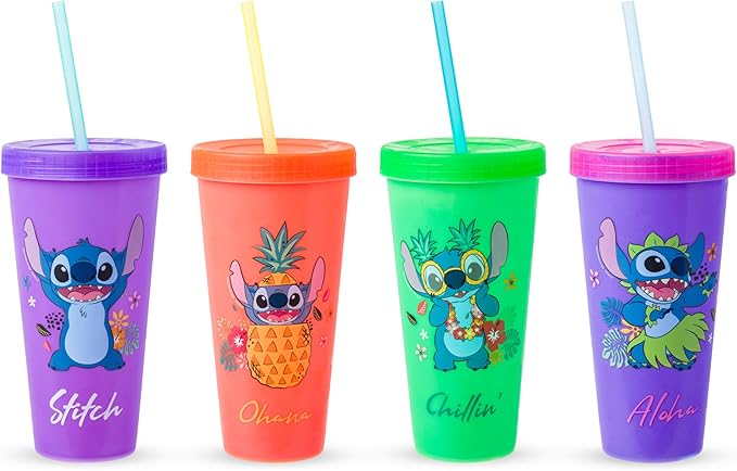 Silver Buffalo Disney Lilo and Stitch Tropical Poses 4 Pack Color Change Plastic Tumbler, 24 Ounces