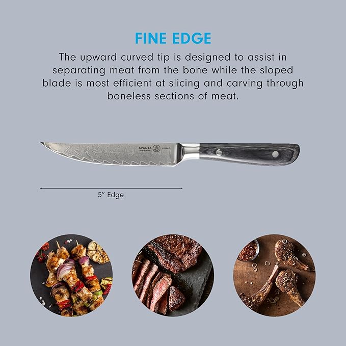 Messermeister Avanta Damascus Forged 5” Fine Edge Steak Knife Set - Rust Resistant & Easy to Maintain - Includes 4 Steak Knives