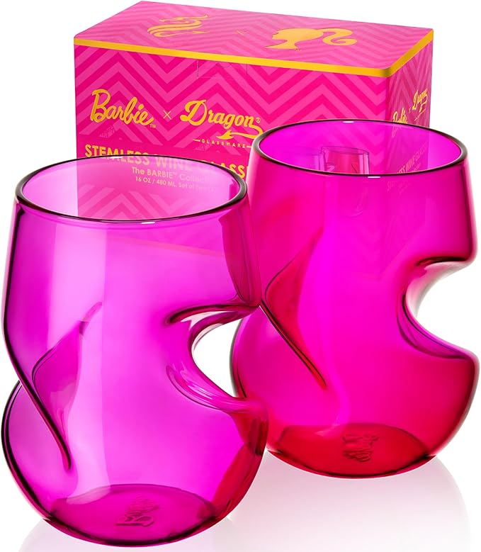 Dragon Glassware x Barbie Wine Glasses - 16 oz Magenta & Pink Wine Glasses Set of 2 - Stemless with Finger Indentations - Aerates Naturally - Barbie Gifts for Women