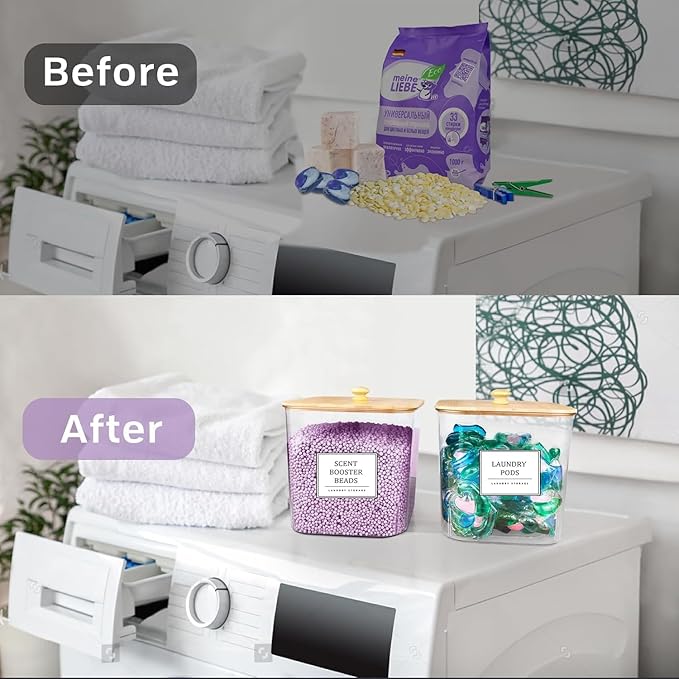 2 Pack Laundry Pods Container,Laundry Room Organization and Storage Containers with Wooden Lids & Labels Large Laundry Detergent Container for Powder,Scent Booster,Pods,Dryer Ball