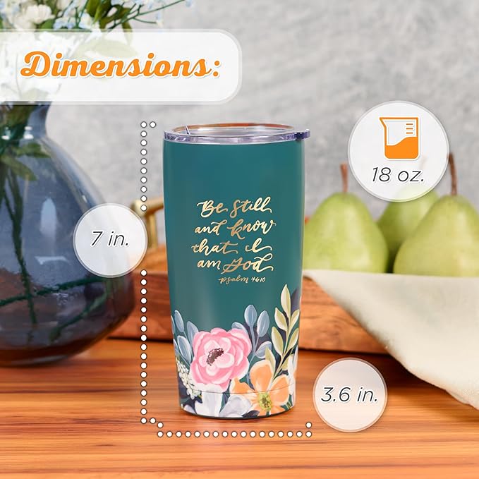 Christian Art Gifts Large Stainless Steel Inspirational Travel Mug Tumbler for Women: Be Still & Know Encouraging Scripture, Vacuum Insulated, Hot/Cold, Retractable Lid, Teal Multicolor Foral, 18 oz.