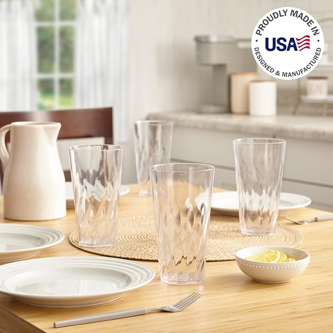 US Acrylic Palmetto [Set of 16] 20 ounce Plastic Stackable Water Tumblers in Clear, Lightweight Value Set of Drinking Cups, Reusable, BPA-free, Made in the USA, Top-rack Dishwasher Safe