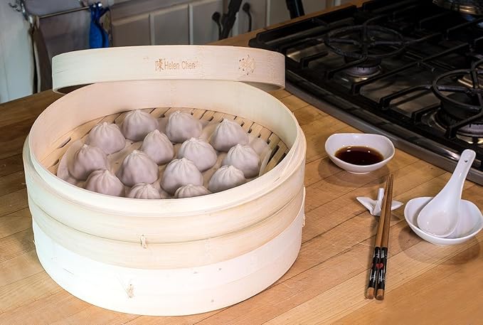 Helen's Asian Kitchen Bamboo Food Steamer with Lid - 100% Natural Bamboo - Basket Steamers for Cooking Dumplings, Dim Sum, Veggies, Fish, Meat - Preserve Nutrients & Flavors - 12-Inch