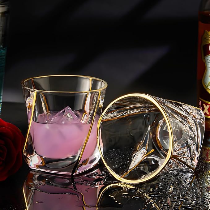 GLASKEY Crystal Whiskey Glasses Set of 2 with 24K Gold Rim,Bar Glasses,Twisted Whiskey Glass Gold Collection for Bourbon,Scotch and Wine,Rock Barware for Men Gift - 8oz