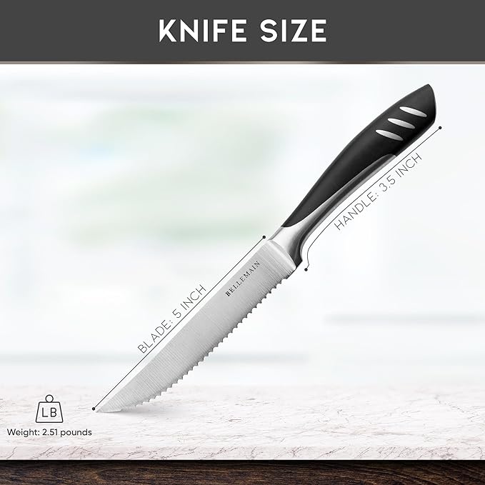 Bellemain Premium Steak Knives Set of 4, Kitchen Knife Sets with Steel Blades for Precise Cutting, Lightweight Steak Knife Set Stainless Steel & Durable, Serrated Steak Knives Dishwasher Safe