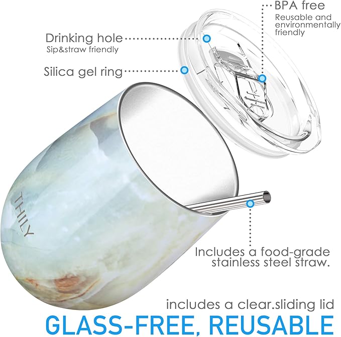 THILY Stemless Wine Tumbler Vacuum Insulated 12 oz Triple-Insulated Stainless Steel Wine Glass with Lid, Straw, Keep Cold for Coffee, Cocktails, Opal Marble