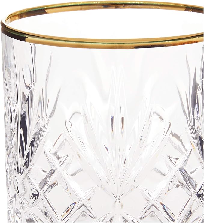 Lorren Home Trends Siena Collection Crystal Double Old Fashion Beverage Glass with Gold Band Design, Set of 4,10 FL OZ