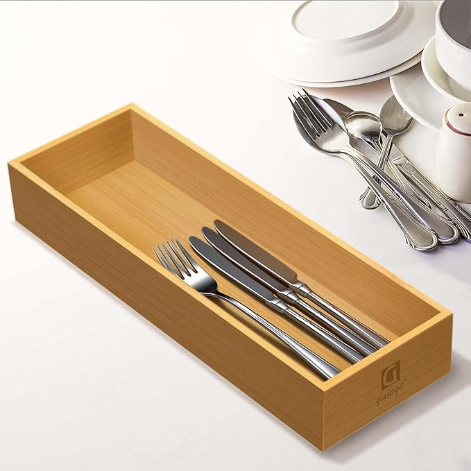 Bamboo Drawer Silverware Organizer, Silverware Tray, Flatware Organizer, Bamboo Storage Box Suitable for Office, Bathroom and other objects storage (14.2"x5"x2"-Set of 2)
