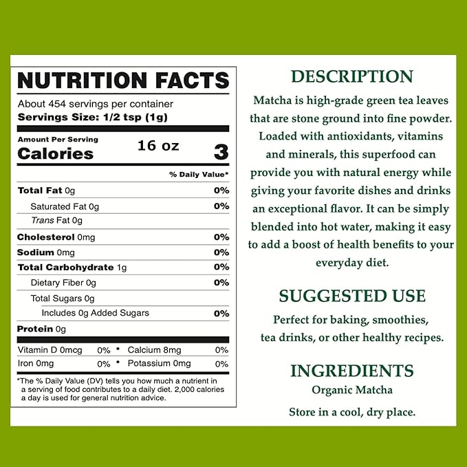 Cherie Sweet Heart Organic Matcha Green Tea Powder - Premium Culinary Grade, Authentic Japanese Origin, Antioxidant-Rich, Gluten-Free, Vegan – Perfect for Lattes, Cooking, Baking & Smoothies – 16oz Resealable Bag