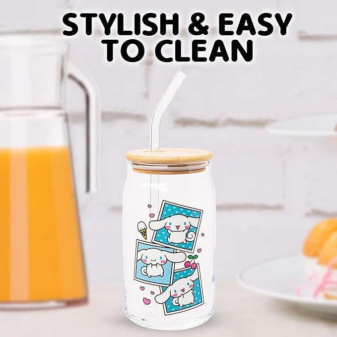 Silver Buffalo Sanrio Hello Kitty and Friends Cinnamoroll Polaroids Glass Jar Tumbler with Bamboo Lid and Glass Straw, 16 Ounces (Pack of 12)