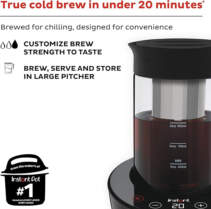 Instant Cold Brew Electric Coffee Maker, From the Makers of Instant Pot, Customize Your Brew Strength, Easy-to-Use, Dishwasher Safe Glass Pitcher, Quickly Brew Up to 32 Ounces
