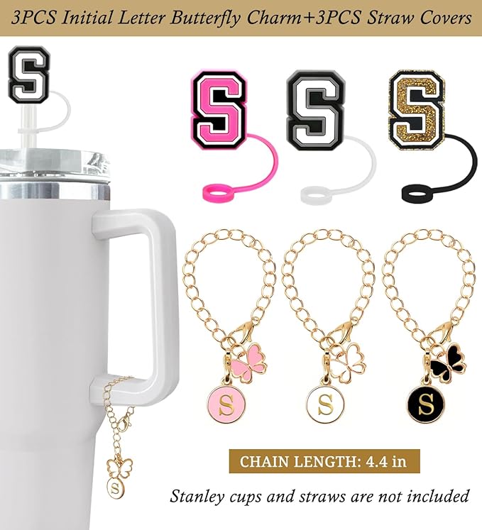 （3 +3) Nuozme Straw Cover Compatible with Stanley Tumbler Cup 3PCS Letter Straw Caps Toppers with 3 Initial Butterfly Charms Name ID For Stanley 30&40 Oz Cup
