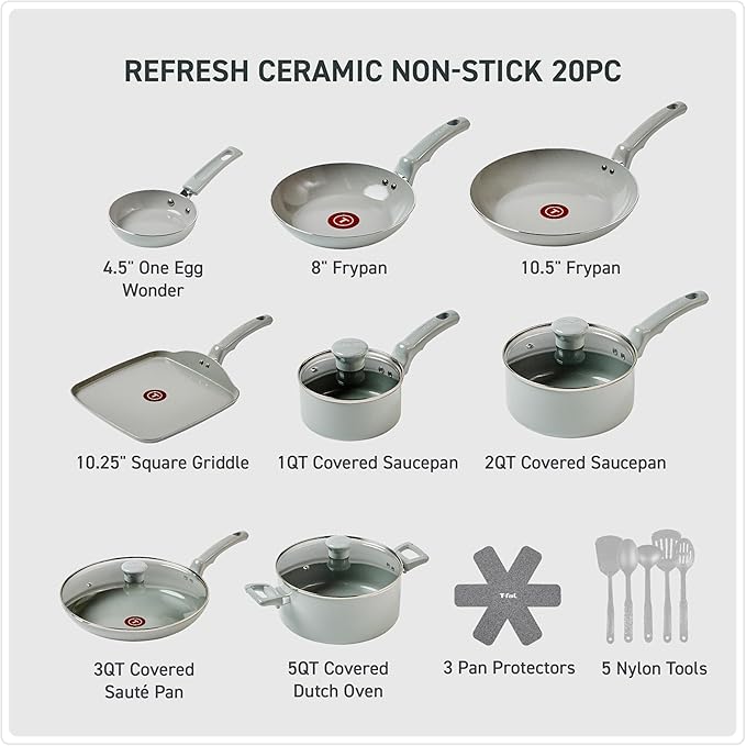 T-Fal Refresh Ceramic Pots and Pans Set, 20-Piece Nonstick Cookware Set, Stockpot, Griddle, Frying Pans, Utensils, Moon Grey