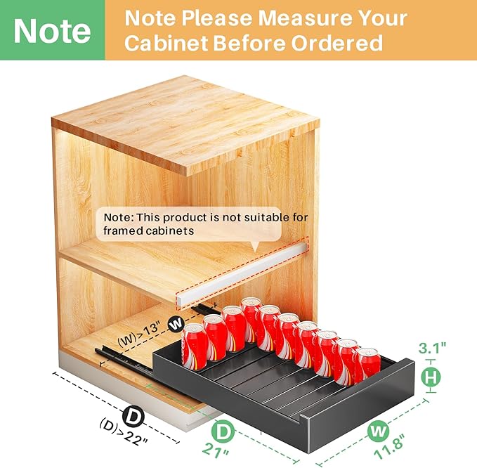 Pull out Cabinet Organizer, 21"Deep, 11.8"Wide Full-Extension Heavy Duty Slide out Drawers with Nano Adhesive, Roll Out Shelves Sliding Cabinet for Kitchen, Bathroom, Pantry,Under Sink Storage(Black)