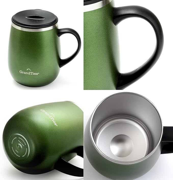 GRANDTIES Insulated Coffee Mug with Handle - Sliding Lid for Splash-Proof 16oz Wine-Glass Shape Thermal Tumbler with Double Walled Vacuum Stainless Steel to Keeps Beverages Hot or Cold-Green Metallic