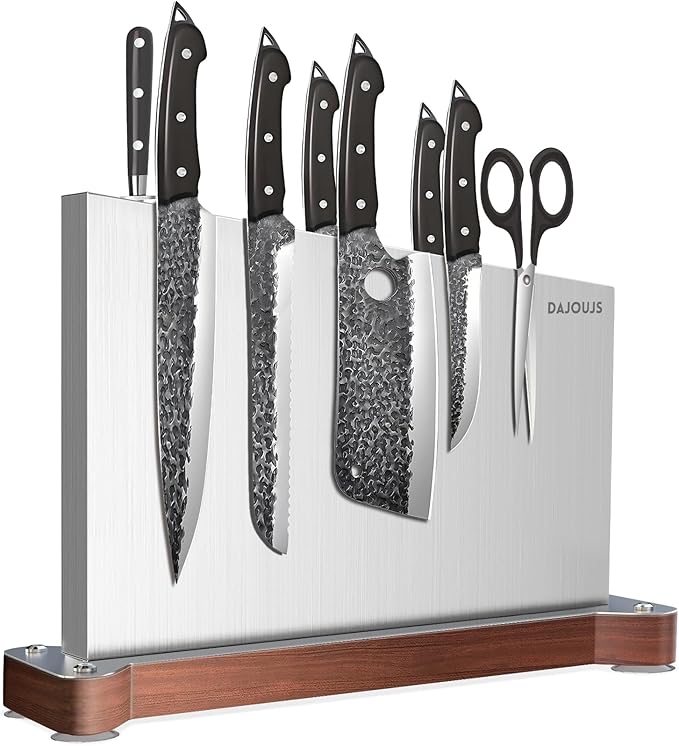 Large Magnetic Knife Block Holder Without Knives for Kitchen Counter, Stainless Steel Material Magnetic Knife Storage Stand Rack with Strong Double Sided Magnet and Wood Base - 16.15 x 11 Inches
