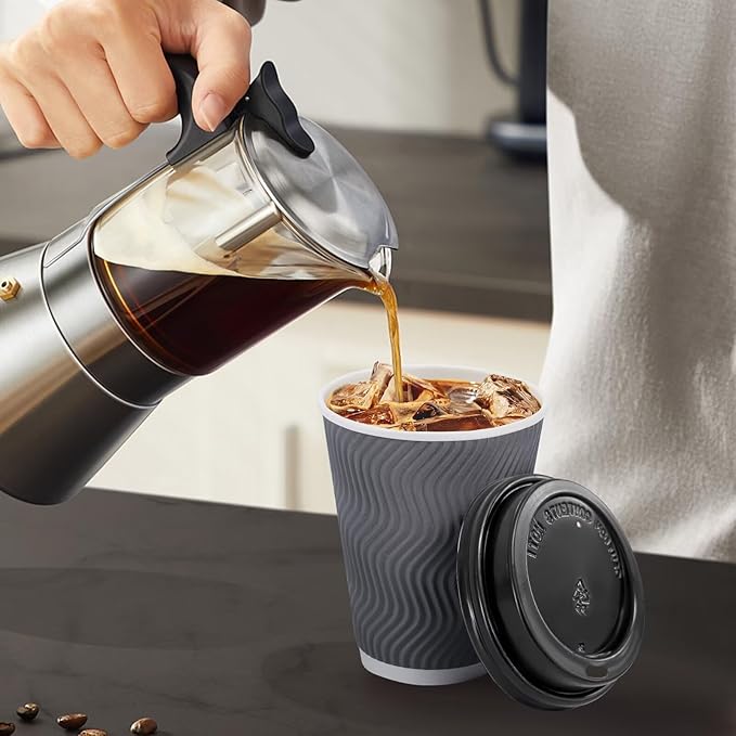 100 Pack 12 oz Disposable Coffee Cups with Lids, Insulated Ripple Wall To-Go Paper Coffee Cups Suitable for Chocolate Cocoa and Hot/Cold Drinks (Grey)