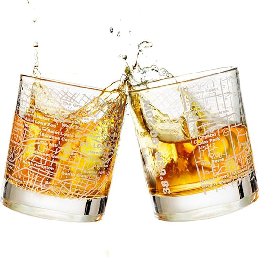 Greenline Goods Whiskey Glasses - 10 Oz Tumbler Set for St Louis lovers, Etched with St Louis City Map Old Fashioned Rocks Glass - Set of 2