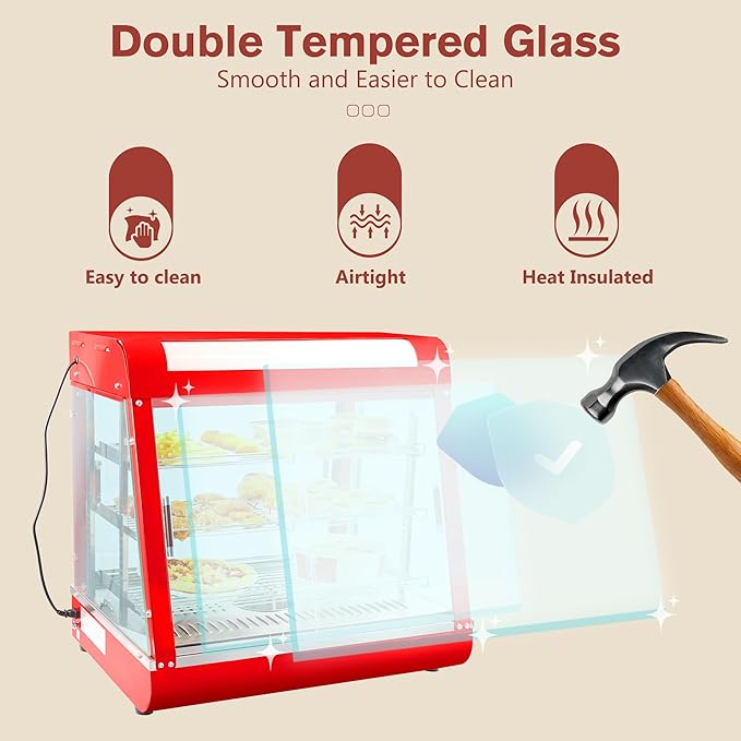 Whalefall 3-Tier Food Warmers Countertop, 27 inch Commercial Warm for Food Pizza Warmer w/ 3D Heating with Stainless Frame Sliding Glass Doors Pastry Display Case for Buffet Restaurant,Red