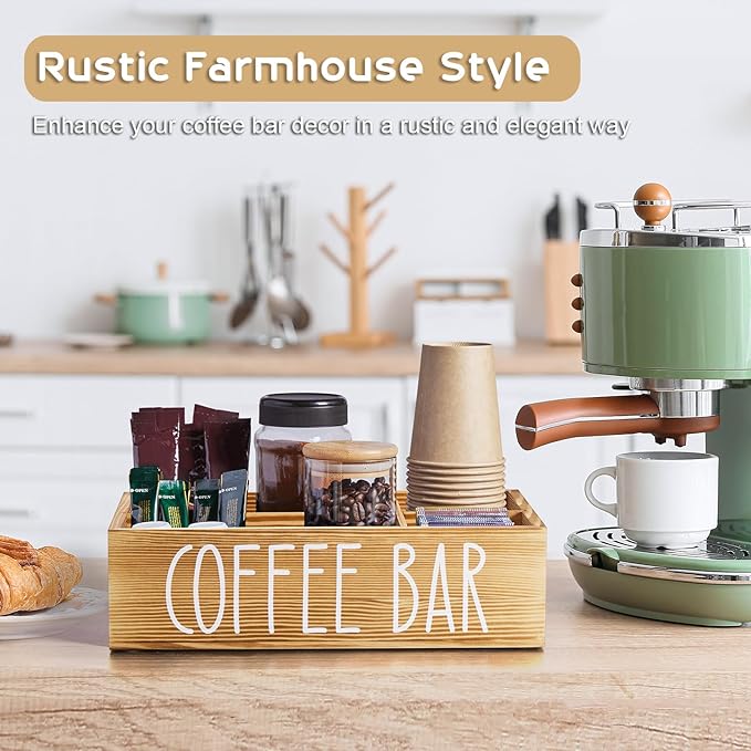 ALELION ALEION Brown Coffee Station Organizer - Wood Coffee Bar Accessories Organizer with Removable Dividers for Pods Condiment Syrup Tea Cups Stirrers - for Farmhouse Coutertop Decor