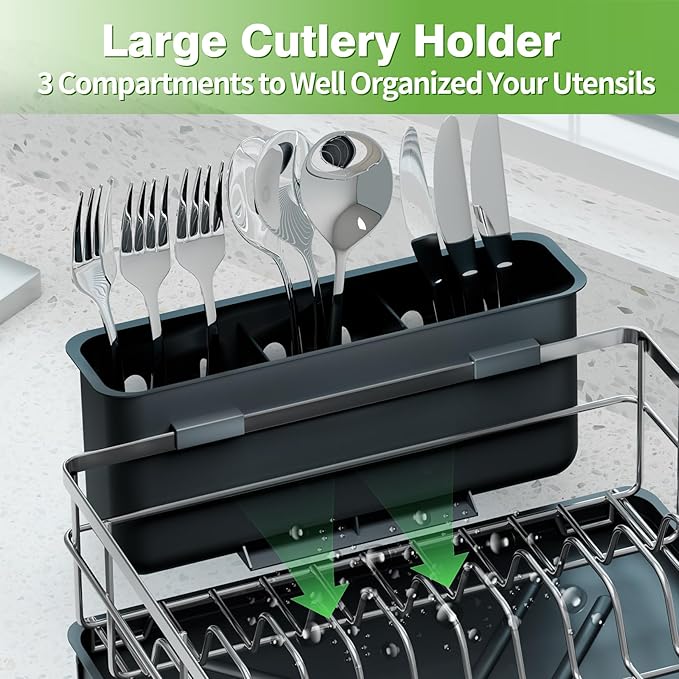 Dish Drying Rack, Large Capacity Dish Drainers for Kitchen Counter with Removeable Cutlery Holder, Rustproof & Sturdy Auto-Drain Multifunctional Organizer for Plates,Cups,knife fork Storage Essentials
