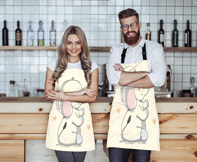 EKOBLA Elephant Aprons Kind Pretty Smiling Elephant Butterfly Trunk Cartoon Hand Drawn Waterproof Resistant Chef Cooking Kitchen BBQ Adjustable Aprons for Women Men 27x31 Inch