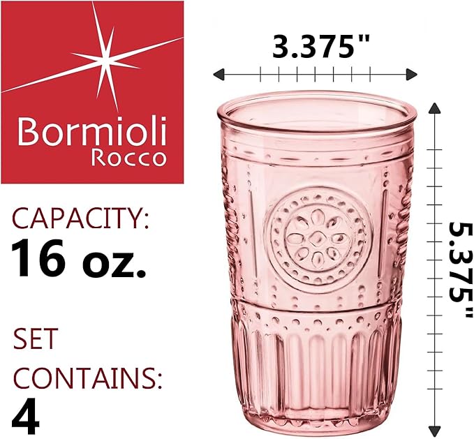Bormioli Rocco Romantic Set Of 4 Cooler Glasses, 16 Oz. Colored Crystal Glass, Cotton Candy Pink, Made In Italy.