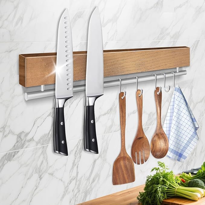 12 Inch Magnetic Knife Holder for Wall Wooden Magnet Knife Strip No Drill with 5 Hooks/Adhesive Tape/Screws, Kitchen Utensil Holder, Magnetic Knife Organizer, Wall Mounted Knife Storage