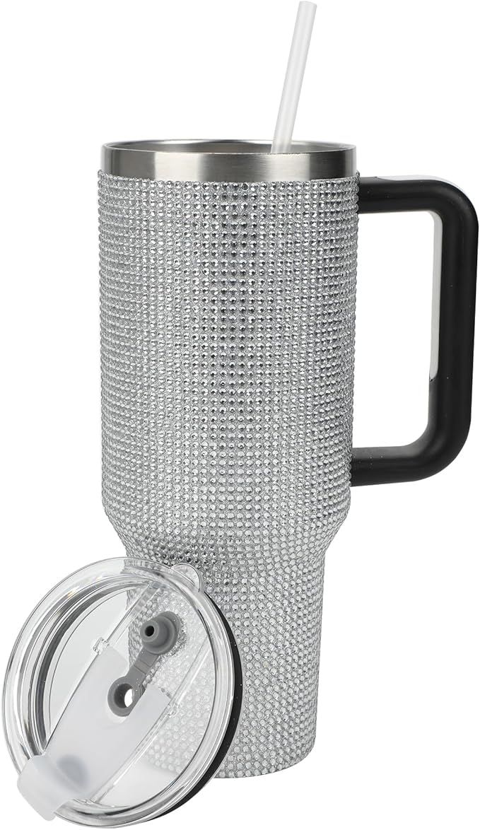Bioworld Silver Rhinestone 40 Oz Vacuum Insulated Stainless Steel Tumbler with Leak-Proof Lid & Easy Carry Handle, Sparkling Finish for Travel or Home