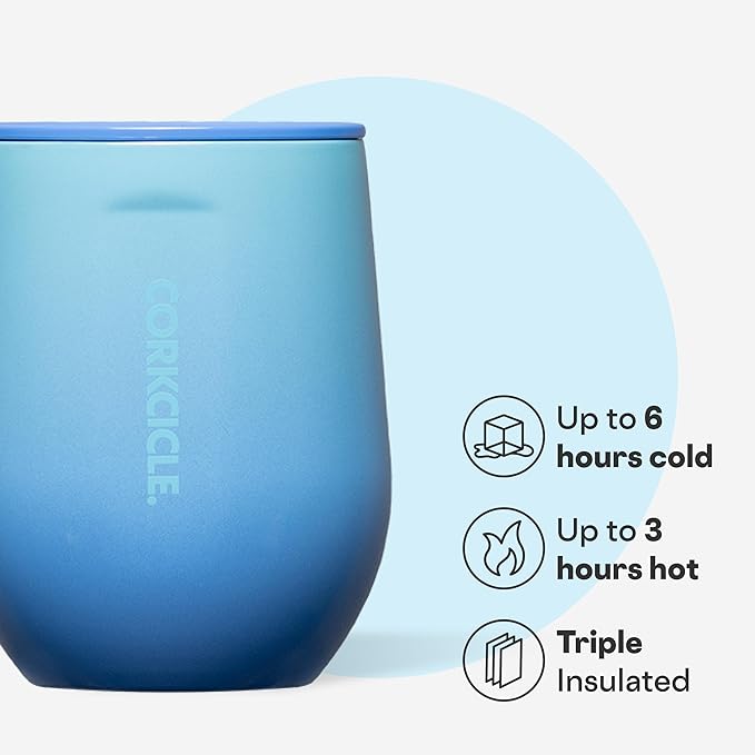 Corkcicle Classic Stemless Wine Tumbler - Keeps Drinks Cold for 6 Hours - Triple-Insulated Stainless Steel - Non-Slip Bottom - Summer Drinkware Gift - Keeps Drinks Ice Cold - 12 oz - Boom Box Blue