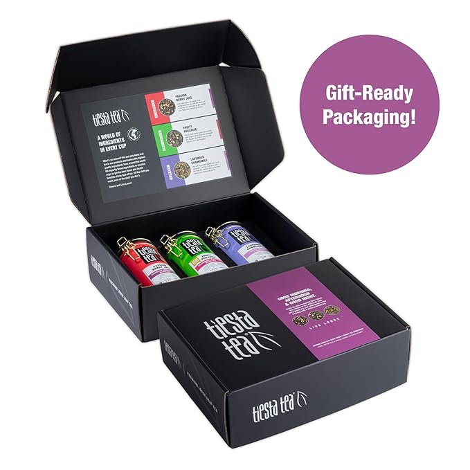 Tiesta Tea - Tea Tin Gift Box, Loose Leaf, High to Non Caffeinated Variety Pack, Make Hot & Iced, 3 Tins of Assorted Blends, Passion Berry Jolt, Fruity Paradise and Lavender Chamomile