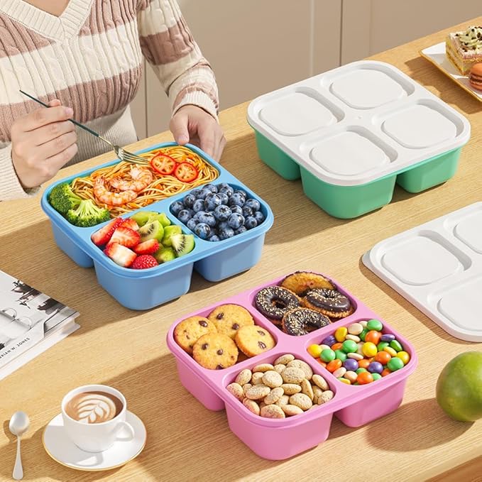 6 Pcs Snack Box Container Set, Reusable 3&4 Compartment Meal Prep Snack Containers for Adults Kids Toddler, BPA-Free Divided Lunchable Container for School, Work and Travel (5 Color)
