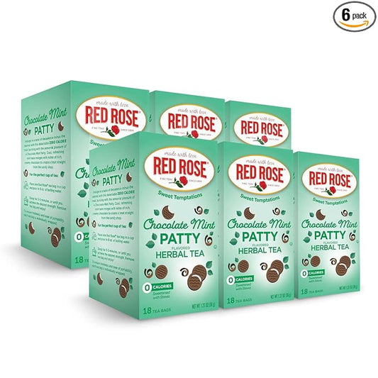 Red Rose Sweet Temptations Dessert Tea Chocolate Mint Patty, Zero Carbs, Zero Sugar Bursting with Flavor Delicious Beverage Herbal Tea, 18 Count Pack of 6 Fruit Naturally Flavored Herbal Tea