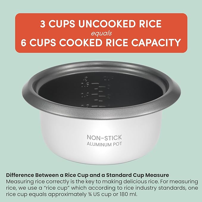 Elite Gourmet ERC-006NST Maxi-Matic Electric Rice Cooker with Non-Stick Inner Pot Makes Soups, Stews, Grains, Cereals, Keep Warm Feature, 6 Cups Cooked (3 Cups Uncooked), White