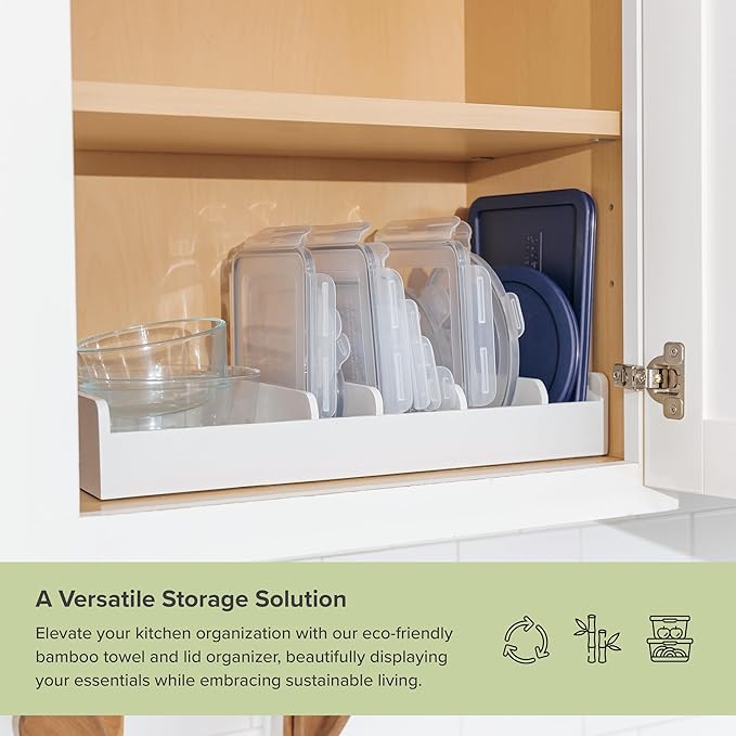 KitchenEdge Bamboo Kitchen Towel and Food-Storage Organizer, Perfect for Kitchen Drawers, Cabinets, Pantry, 5 Adjustable Wall Inserts, Non-Slip Feet, Organize Food Containers, Food-Safe White Finish