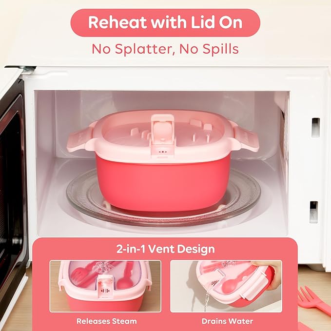 AI LOVE PEACE Microwavable Ramen Bowl with Lid - Leakproof Noodle Container with Built-In Utensils, BPA-Free, Dishwasher & Freezer Safe [Bright Pink]
