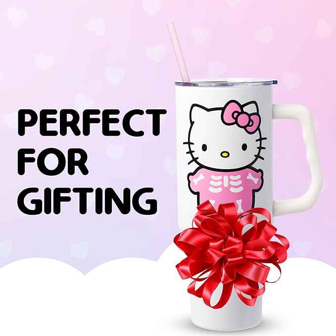 Silver Buffalo Sanrio Hello Kitty Halloween Spooky Skeleton Costume Stainless Steel Tumbler with Handle and Straw, Fits in Standard Cup Holder, 40 Ounces
