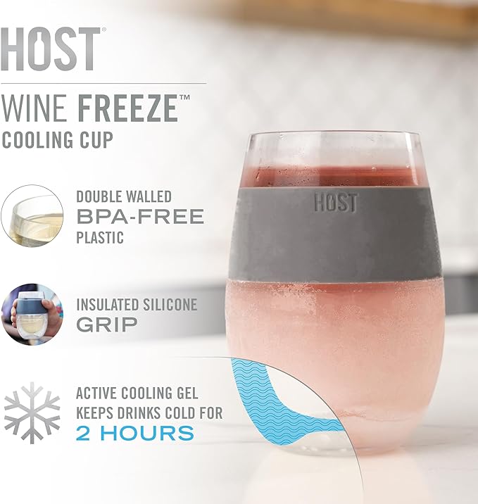 HOST Cooling Cup Plastic Double Wall Insulated Freezable Drink Chilling Tumbler with Freezing Gel Wine Glasses for Red and White Wine, 8.5 oz, Grey Set of 1
