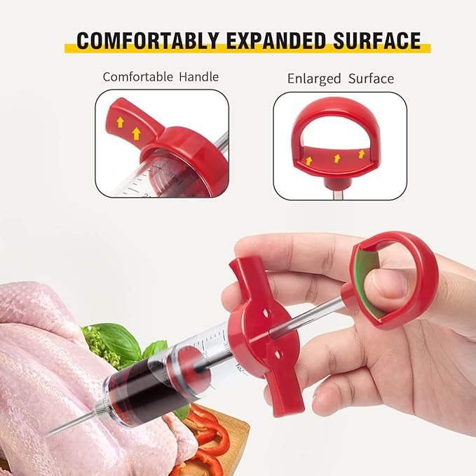 Meat Injector, Plastic Marinade Turkey Injector Syringe with Screw-on Meat Needle for Smoker BBQ Grill, 1-oz, Red, Recipe E-Book (Download PDF)
