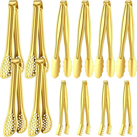 CHENGU 12 Pack Stainless Steel Kitchen Tongs 4/6/6 Inches Food Serving Clip Kitchen Cooking Tongs High Heat Resistant Clips for Cooking Non Stick Grill Salad (Gold, Diversity)