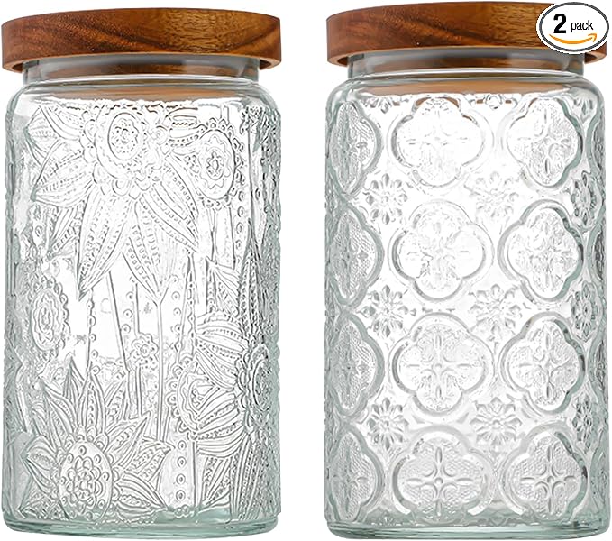34 OZ/2 PCS Glass Storage Jar with Airtight Bamboo Wooden Lids, Vintage Food Containers Canisters Sets for Kitchen Counter Pantry, Sugar, Flour, Candy, Tea, Coffee Beans, Oats, Grain Bin, Pasta,