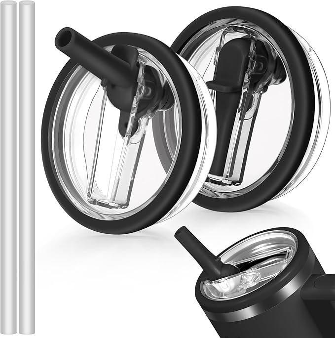 40oz Flip Straw Leak Proof Lid for Stanley H2.0 Quencher Protour Tumbler, 2 Pack Spill Proof Lid Replacement Straw Cover Top for 40 OZ Stanley Cup Accessories (Black, Black)