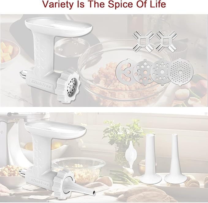 Food Grinder Attachment for KitchenAid Stand Mixers Includes 2 Sausage Filler Tubers, 4 Grinding Plates, Meat Grinder Attachment for kitchenAid, White …
