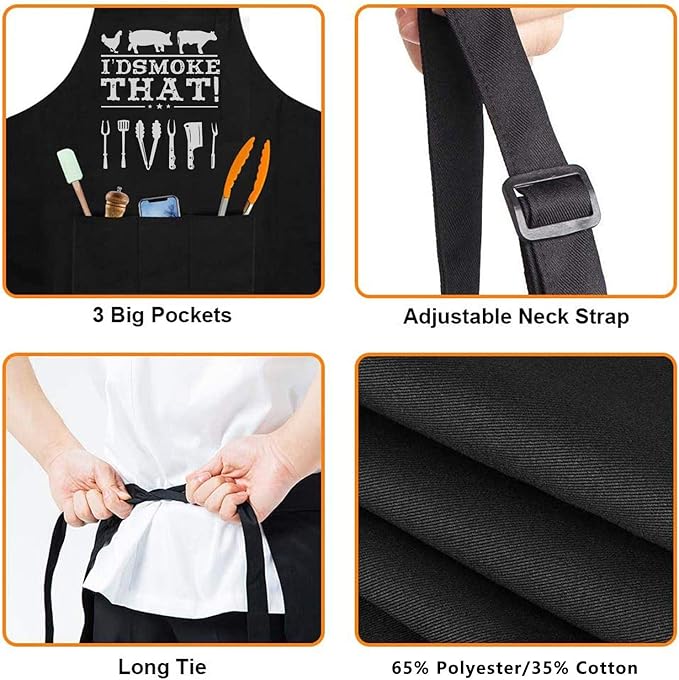 Funny Apron for Dad – I’D Smoke That – Father’s Day BBQ Gift for Men – One Size Fits Most – Black Cooking Apron with 3 Pockets for Husband, Boyfriend