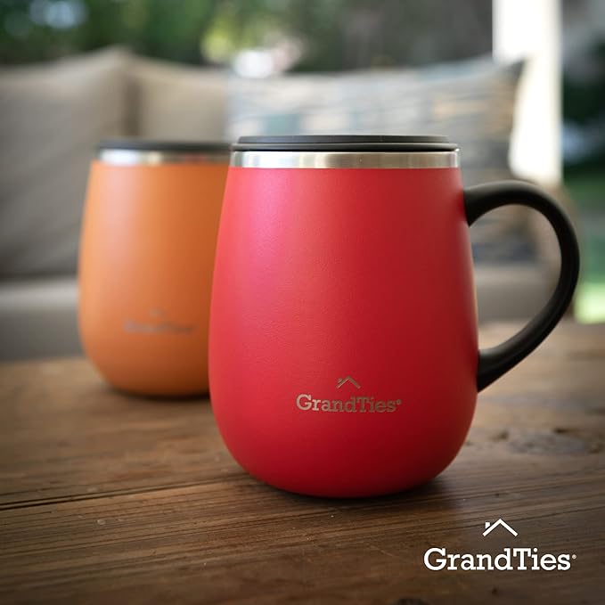 GRANDTIES Insulated Coffee Mug with Handle - Sliding Lid for Splash-Proof 16oz Wine-Glass Shape Thermal Tumbler with Double Walled Vacuum Stainless Steel to Keeps Beverages Hot or Cold-Carrot